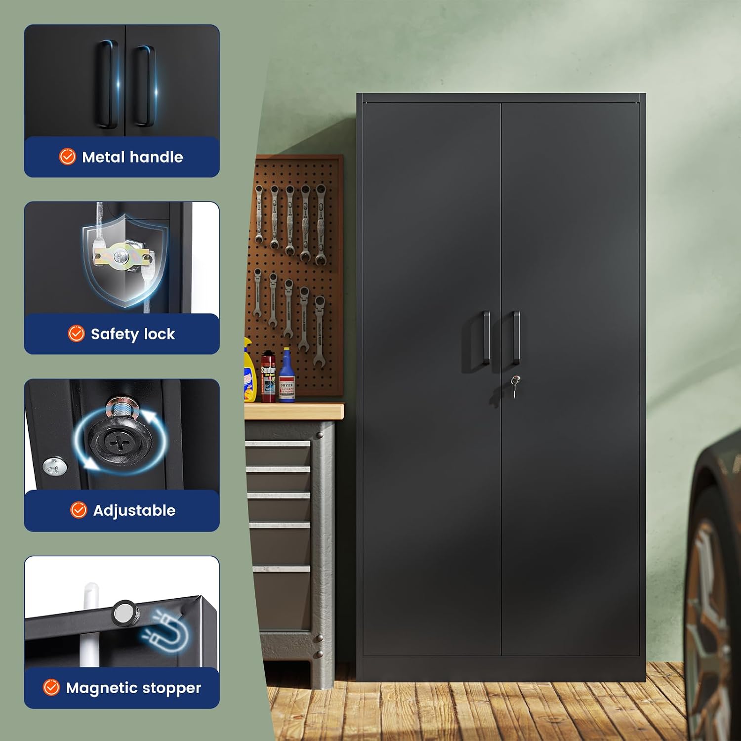 Black Lockable Steel Garage Storage Cabinet