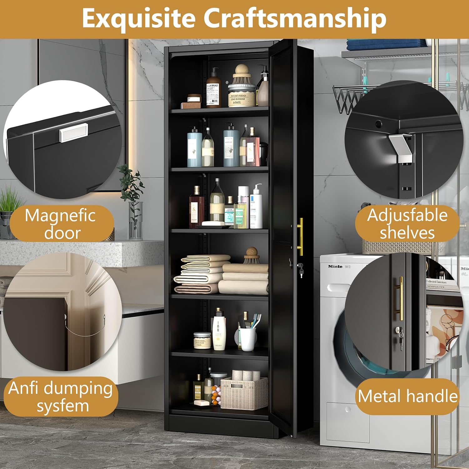 Black Slim Lockable Metal Storage Cabinet