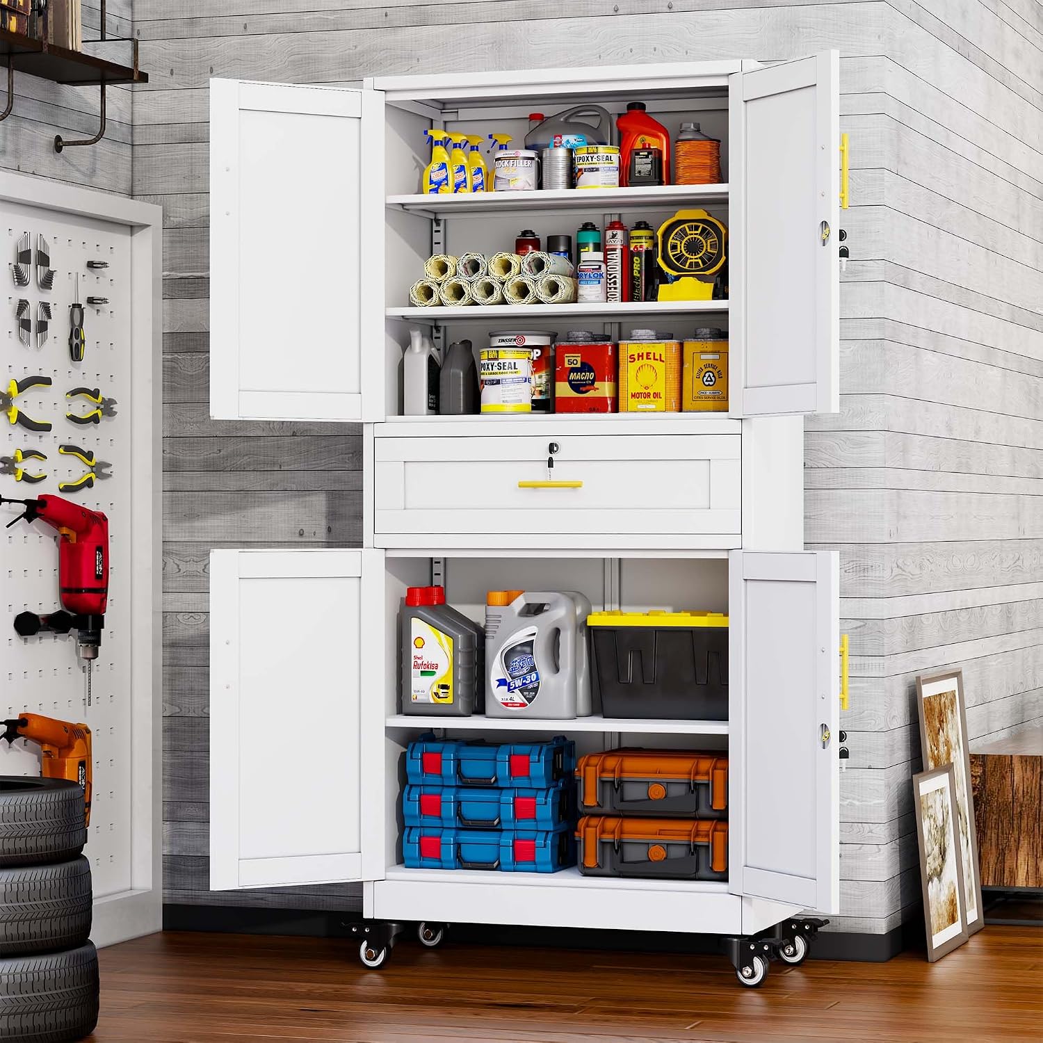 White Rolling Lockable Metal Storage Cabinet