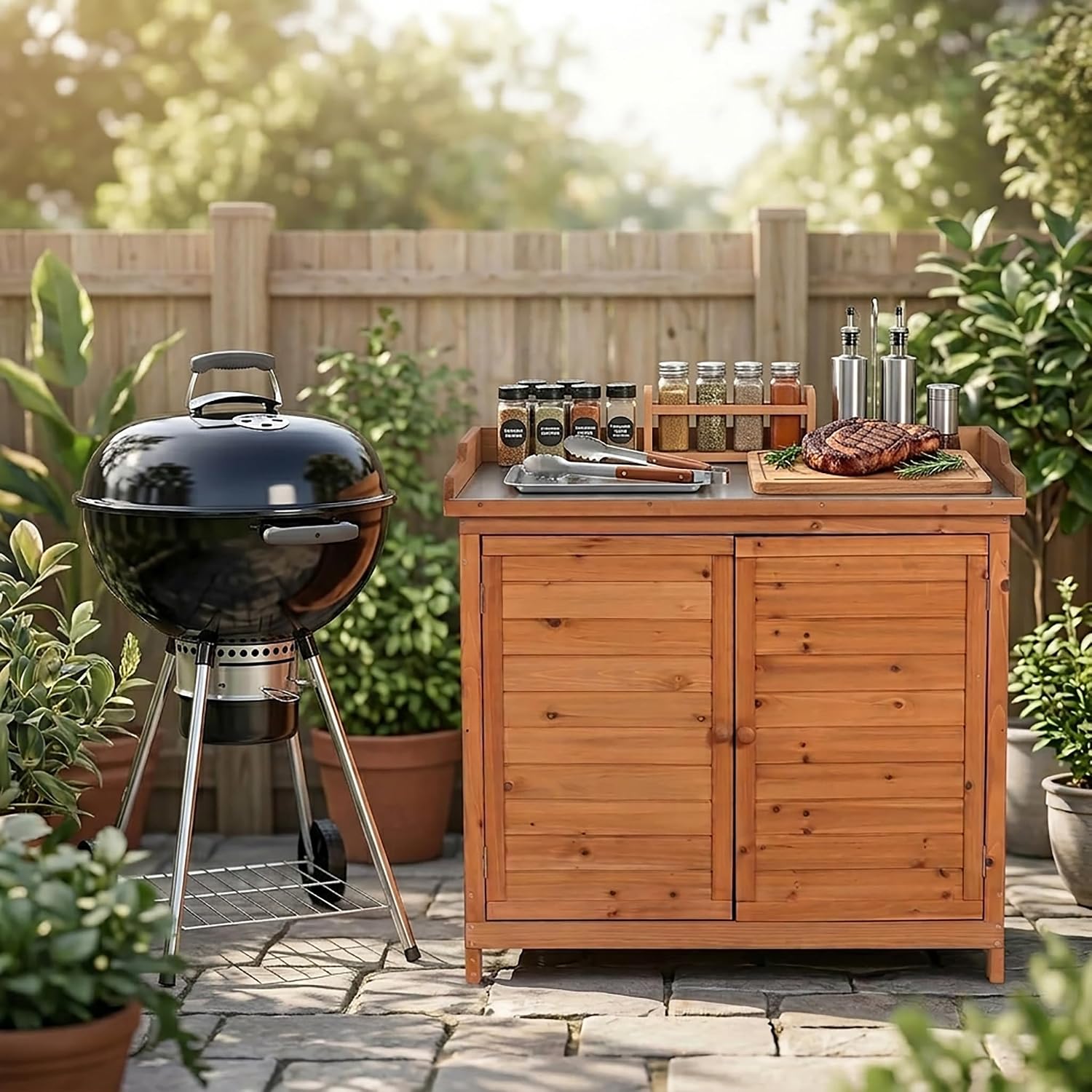 Natural Garden Potting Workbench Storage Cabinet