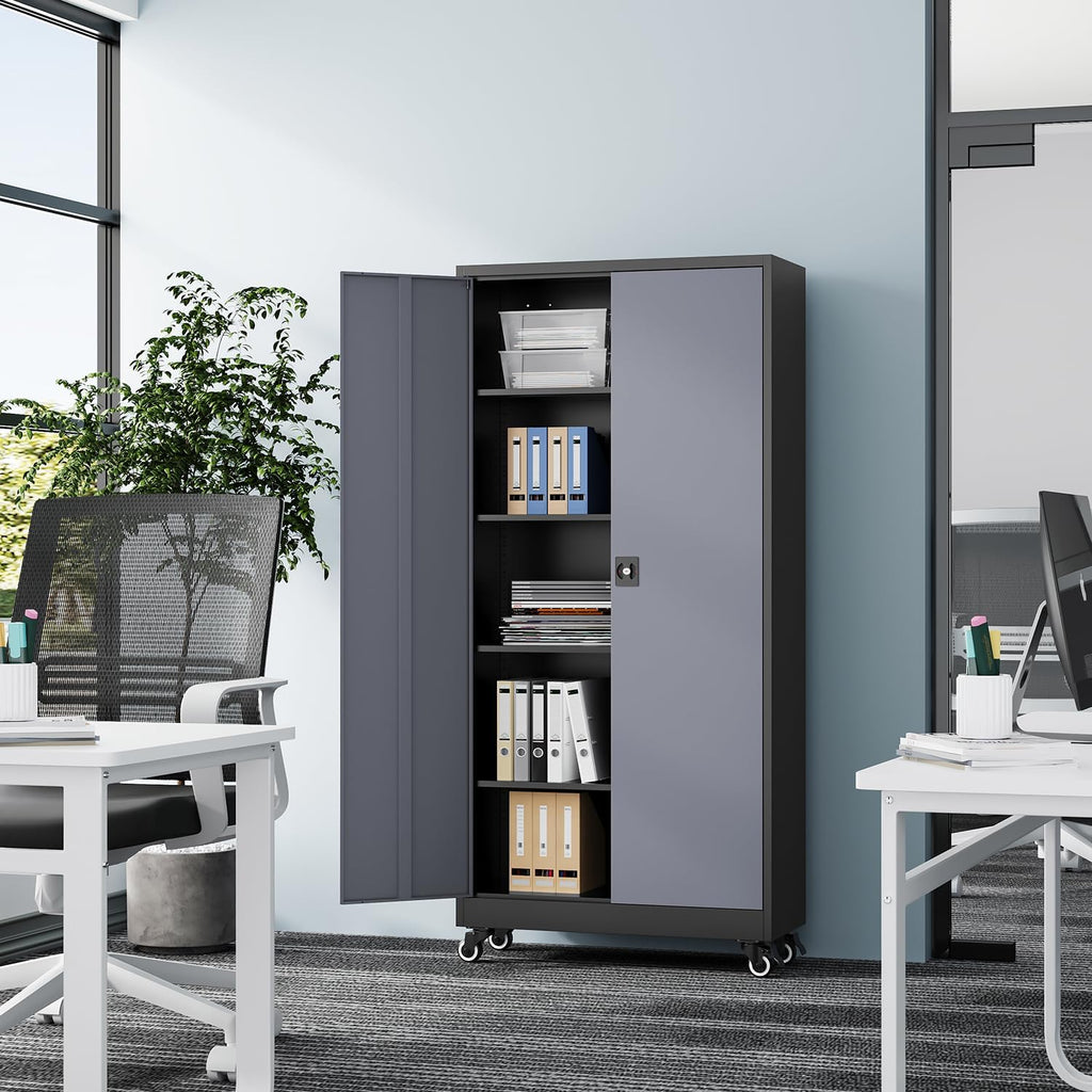 Rolling Lockable Tall Metal Storage Cabinet