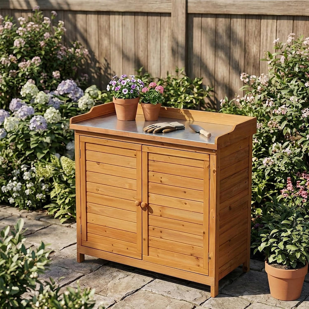 Natural Garden Potting Workbench Storage Cabinet